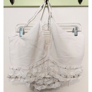 American Eagle Pink Halter Tie Crochet‎ Trim Crop Top V-Neck Smocked XXL Beach